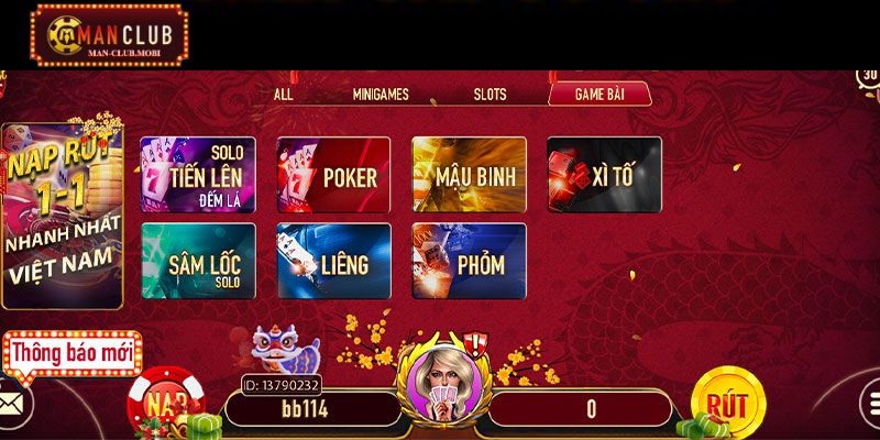 Giao diện sảnh game bài ManClub đẹp mắt, ấn tượng