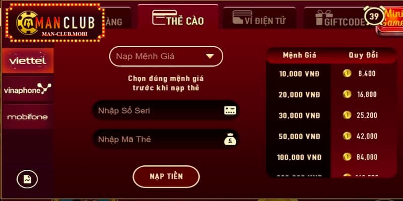 Cách rút tiền Manclub bằng thẻ cào điện thoại